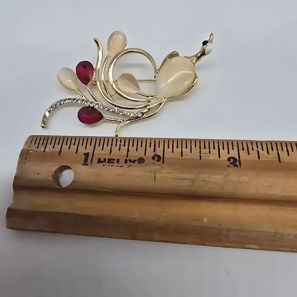 Vintage  Rhinestone Red Crystals White Cat Eye Stone Feathers Peacock Brooch Pin
